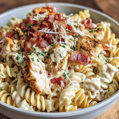 A bowl of creamy chicken bacon ranch pasta.