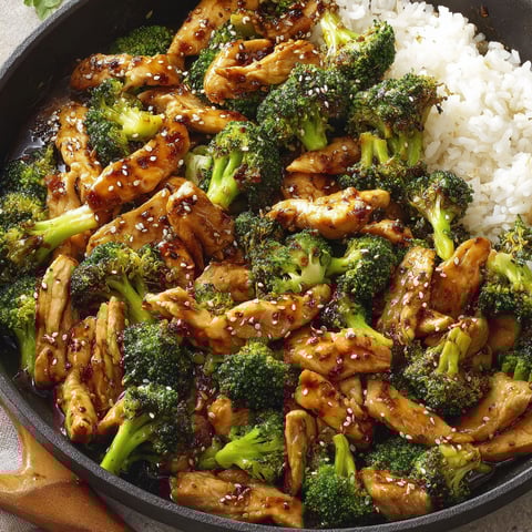 A stir-fry of chicken and broccoli.