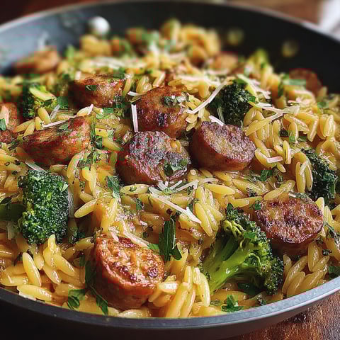A dish of chicken sausage and broccoli orzo.