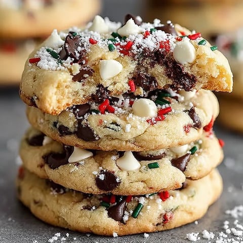 A stack of chocolate chip cookies with white and red sprinkles.