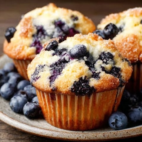 A plate of blueberry muffins with blueberries on top.