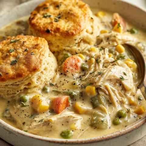 A bowl of chicken pot pie with biscuits on top.
