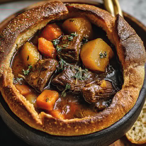 A bowl of beef stew in a witch's cauldron.