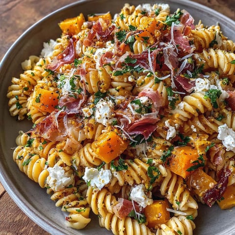 A bowl of pasta with pumpkin, goat cheese, and crispy prosciutto.