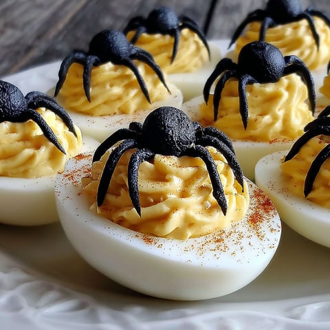 A plate of deviled eggs with spider decorations.