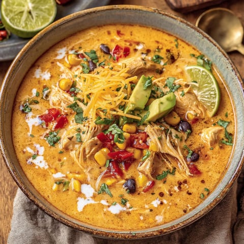 A bowl of creamy chicken enchilada soup.