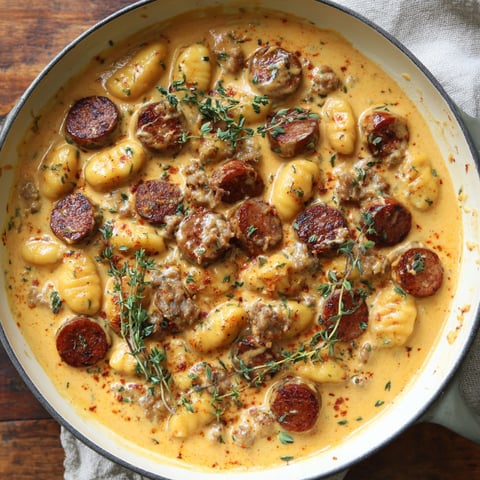 A bowl of creamy butternut squash gnocchi with sausage, thyme, and sage.