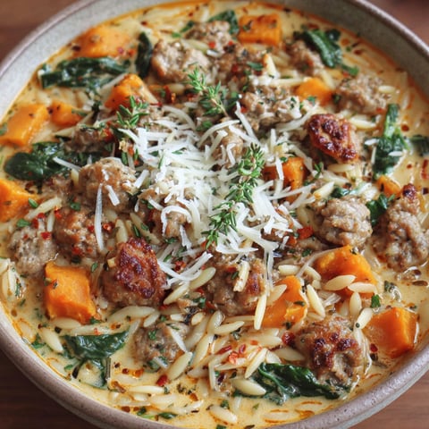 A bowl of creamy butternut squash and sausage soup.