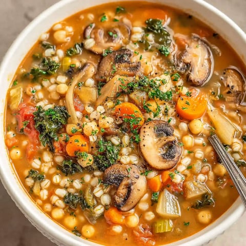 A bowl of vegetable barley soup.