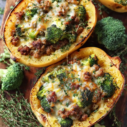 Two stuffed spaghetti squash with broccoli.