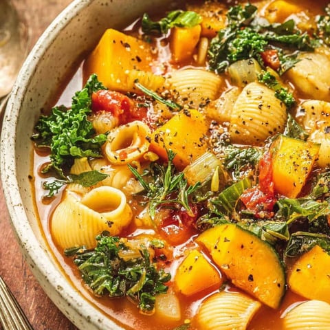 A bowl of soup with pasta, kale, and butternut squash.