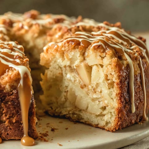A slice of German apple cake with caramel drizzle.