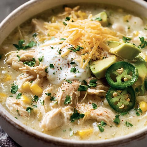 A bowl of soup with chicken, avocado, and jalapeno.