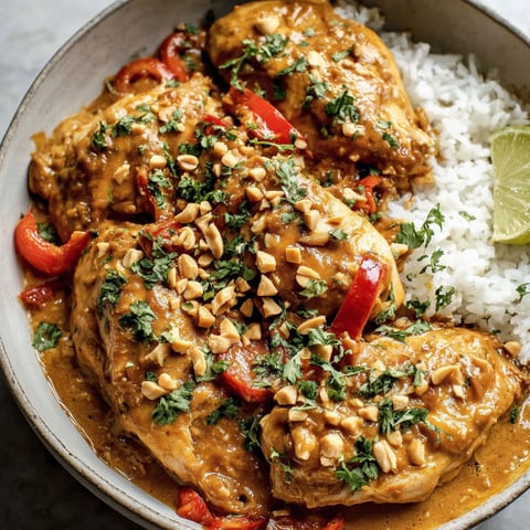 A bowl of chicken with peanut sauce and rice.