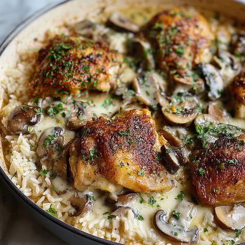 A delicious smothered chicken and rice dish.