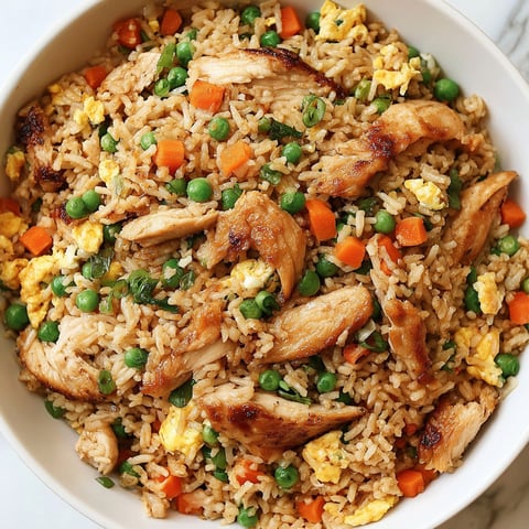 A bowl of rice with chicken and peas.