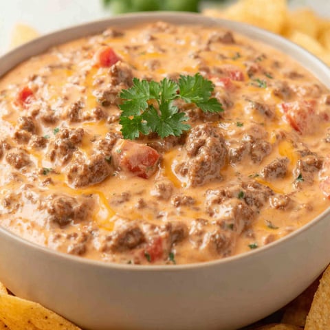 A bowl of cheese dip with a green garnish.