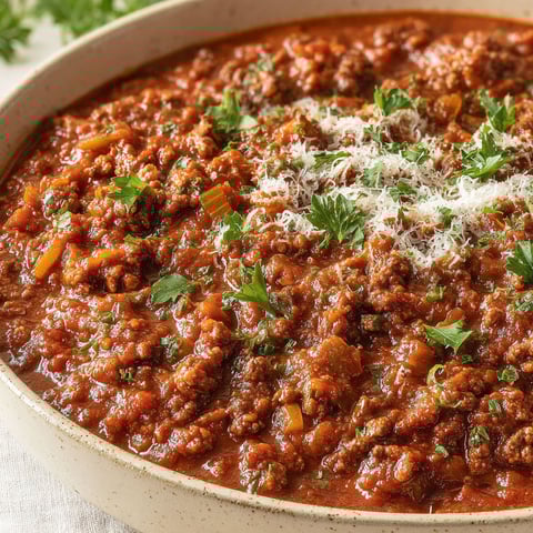 A bowl of bolognese sauce with cheese on top.
