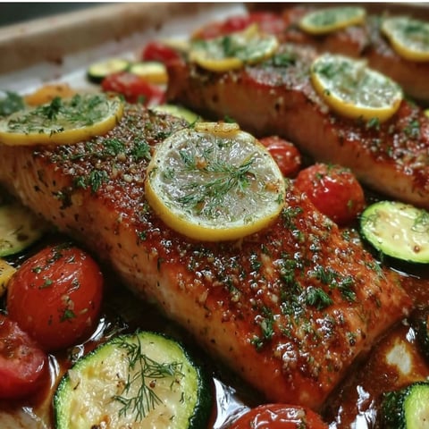 A pan of salmon with tomatoes, zucchini, and lemon slices.