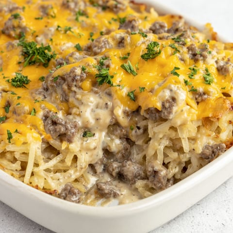 A casserole with meat and cheese.