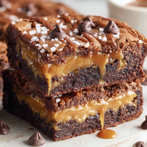 A close up of a caramel brownies.
