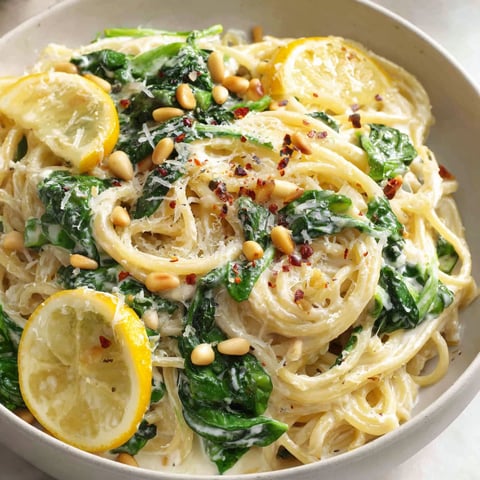 A bowl of pasta with spinach and toasted pine nuts.