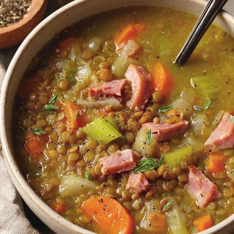 A bowl of soup with ham and lentils.