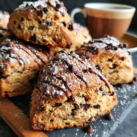 Chocolate chip coffee scones on a table.