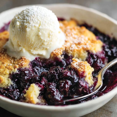 A bowl of blueberry cobbler with a scoop of ice cream on top.