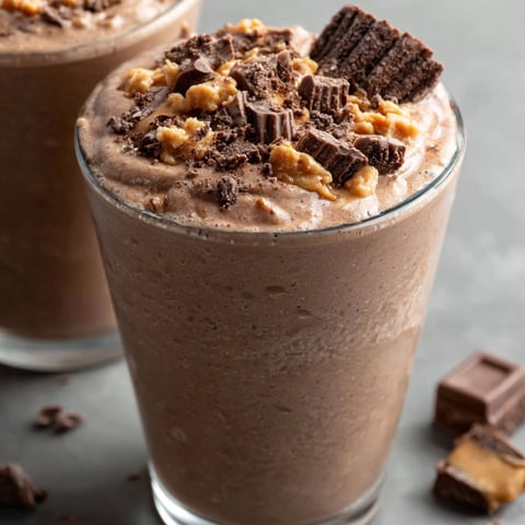 A glass of peanut butter cup smoothie.