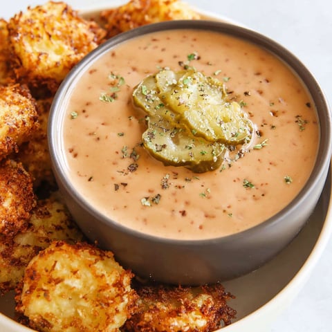 A bowl of fry sauce with a pickle on top.