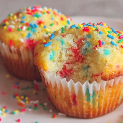 Two funfetti muffins with sprinkles on a plate.