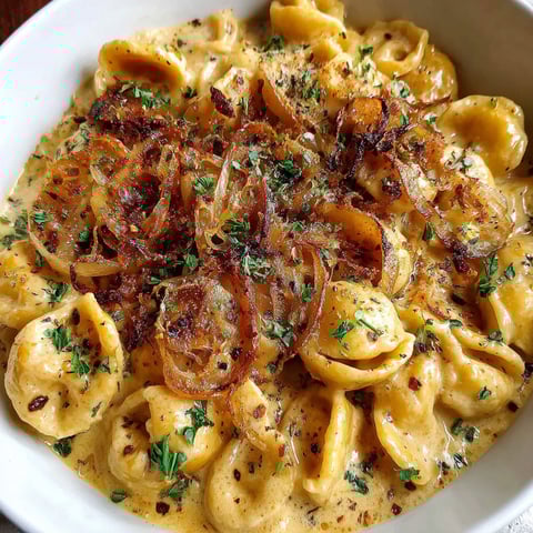 A bowl of french onion creamy pasta.