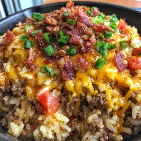 A skillet with rice, bacon, and cheeseburger.