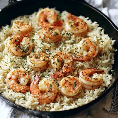A pan of shrimp and rice with garlic butter.