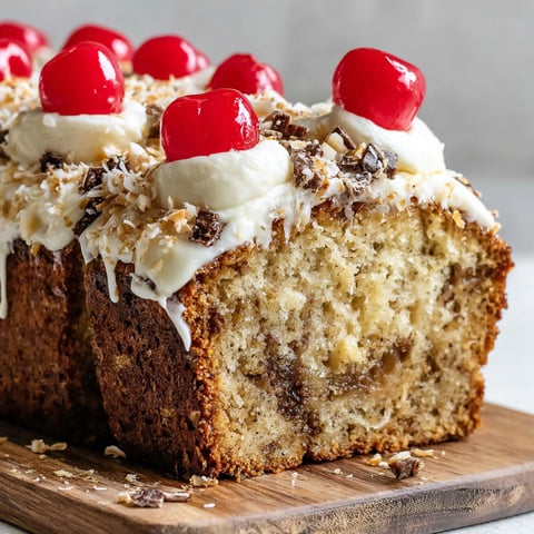 A slice of banana bread with white frosting and cherries on top.