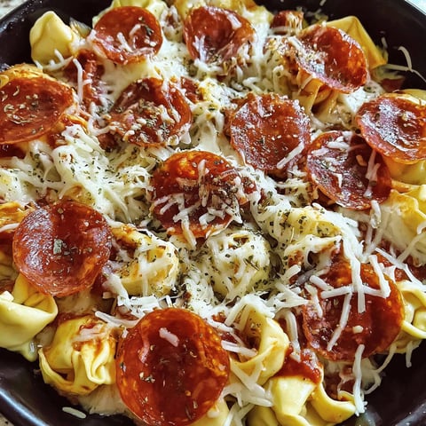 A dish of pasta with pepperoni and cheese.