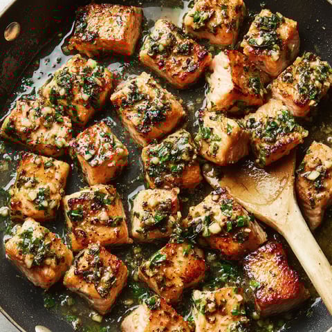 A pan of garlic butter salmon bites.