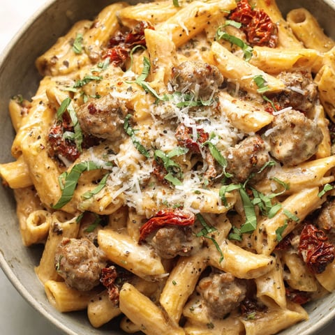 A bowl of pasta with meatballs and cheese.