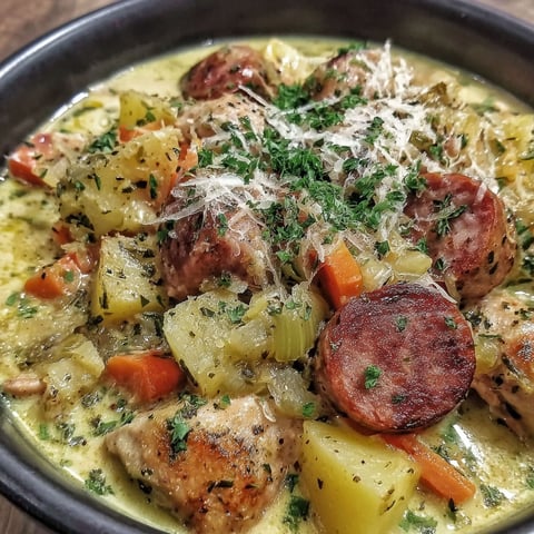 A bowl of creamy chicken sausage stew.