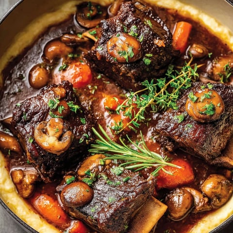 Braised short ribs with mushrooms and carrots.
