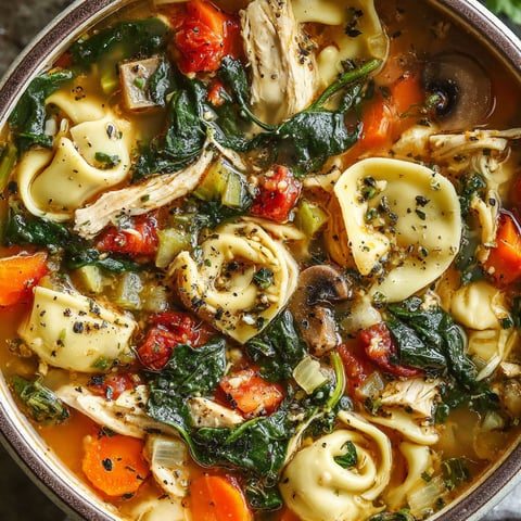 A bowl of chicken tortellini soup.