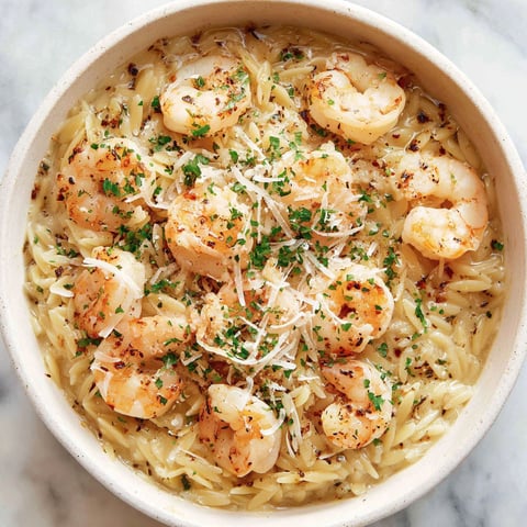 A bowl of shrimp scampi orzo.