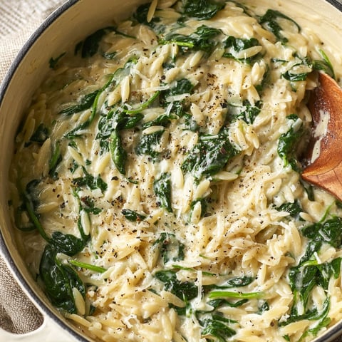 A bowl of creamy garlic spinach orzo.