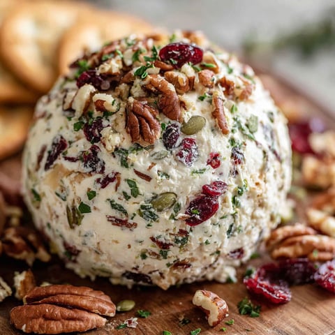 A cheese ball with nuts and cranberries on a wooden table.