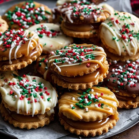 A plate of Christmas cookies with caramel and white icing.