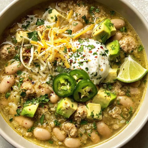 A bowl of chili with avocado and cheese.