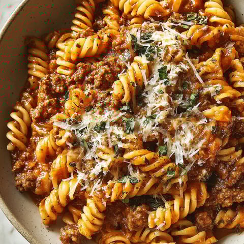 A bowl of rotini pasta with meat and cheese.