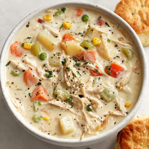 A bowl of chicken pot pie soup.
