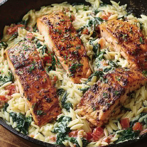 A pan of salmon orzo with green vegetables.